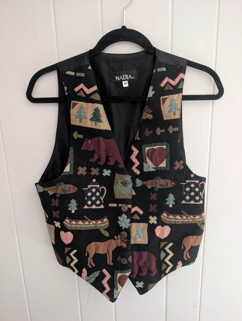 Vintage 90s Nadia Patterned Black Tapestry Vest with Multicolor Cabin Motifs